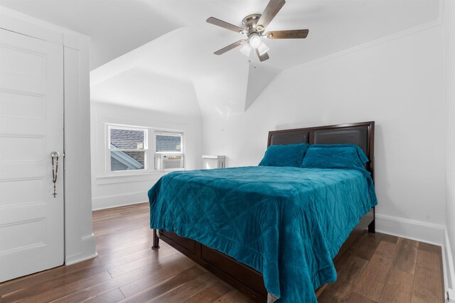 2746 John F Kennedy Blvd, Jersey City, NJ 07306 - bedroom with hardwood / wood-style flooring, baseboards, ceiling fan, radiator heating unit, and vaulted ceiling