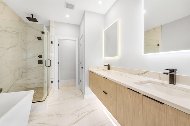 bathroom with marble finish floor, visible vents, a sink, and a marble finish shower