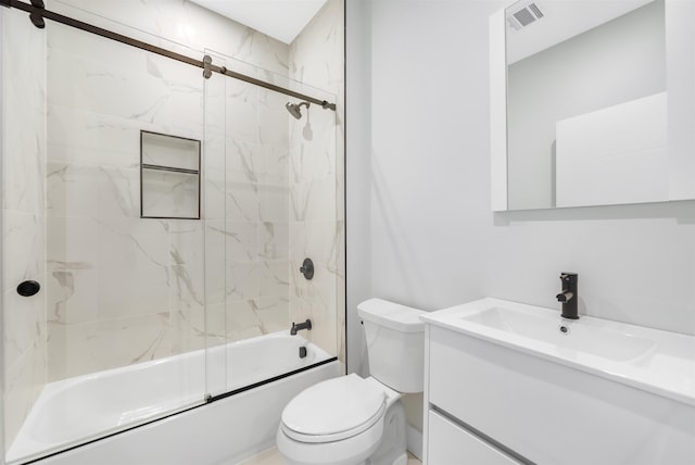 full bathroom featuring visible vents, toilet, vanity, and combined bath / shower with glass door