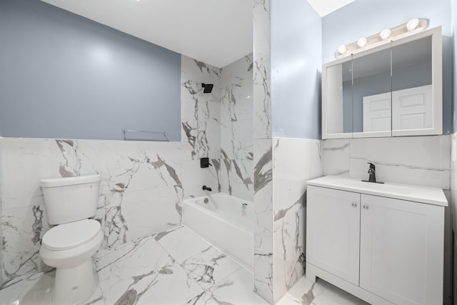 full bathroom featuring toilet, vanity, bathing tub / shower combination, and tile walls