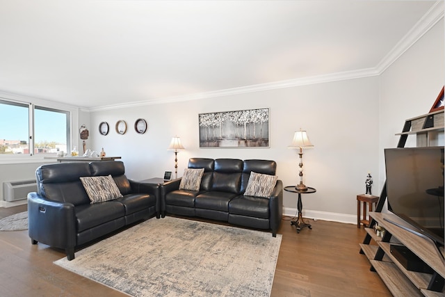 living room with crown molding, wood-type flooring, and a wall unit AC