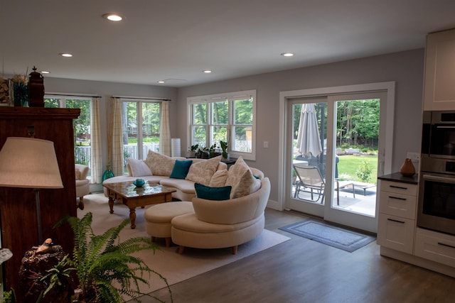 living area featuring a wealth of natural light, wood finished floors, and recessed lighting