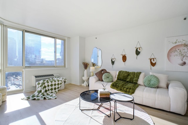 living room with a wall unit AC and hardwood / wood-style floors