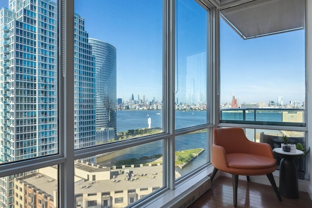 20 Newport Pkwy Unit 2008, Jersey City, NJ 07310 - living area featuring a skyline view, a water view, and wood finished floors