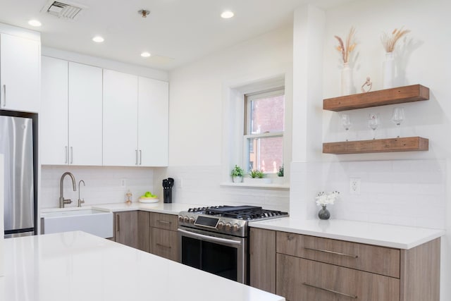 110 Morris St Unit 3R, Jersey City, NJ 07302 - kitchen featuring appliances with stainless steel finishes, a sink, decorative backsplash, white cabinetry, and modern cabinets
