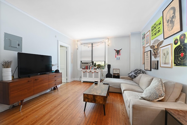 living room with ornamental molding, radiator, and light hardwood / wood-style flooring