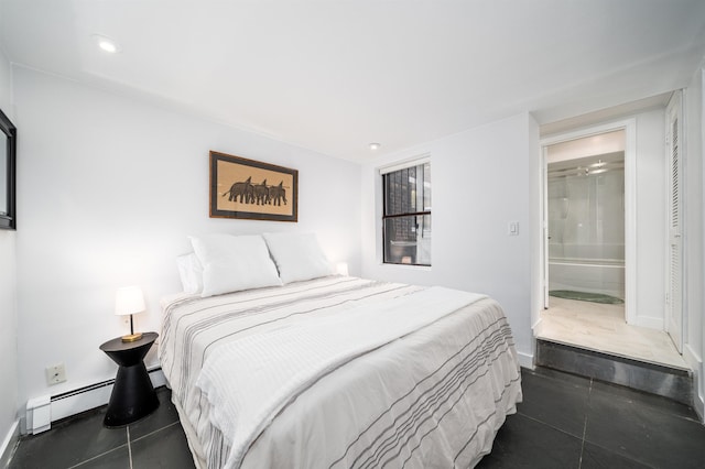 bedroom featuring baseboards and a baseboard heating unit