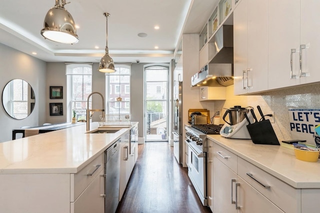 kitchen featuring a sink, stainless steel appliances, wall chimney exhaust hood, and a healthy amount of sunlight