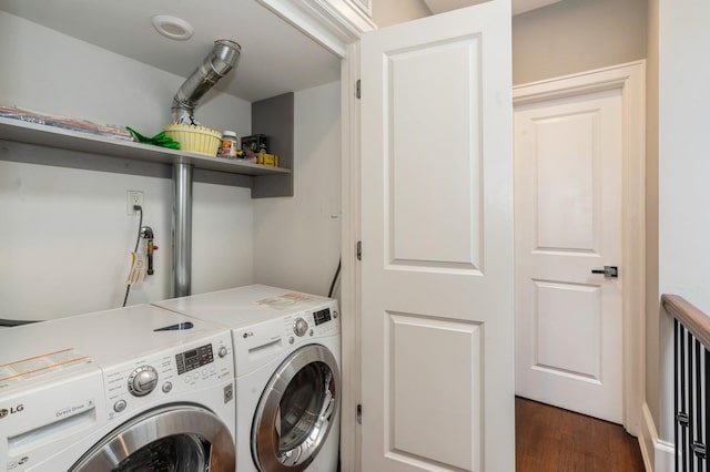 laundry room with laundry area, washing machine and dryer, and dark wood-style floors