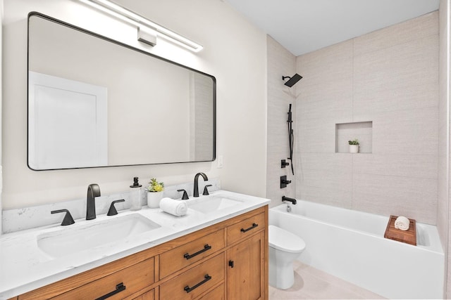 full bath featuring toilet, shower / bathtub combination, double vanity, and tile patterned flooring