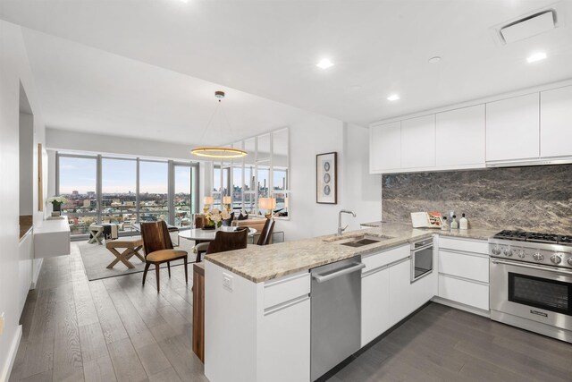 320 Adolphus Ave Unit 909, Cliffside Park, NJ 07010 - kitchen featuring stainless steel appliances, a peninsula, dark wood-style flooring, recessed lighting, and tasteful backsplash