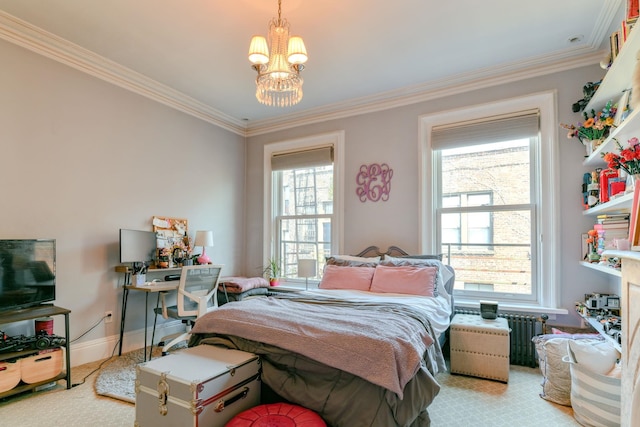 bedroom featuring crown molding, radiator heating unit, multiple windows, and a chandelier
