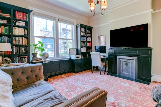 office space with crown molding, a chandelier, a fireplace with flush hearth, and a wealth of natural light