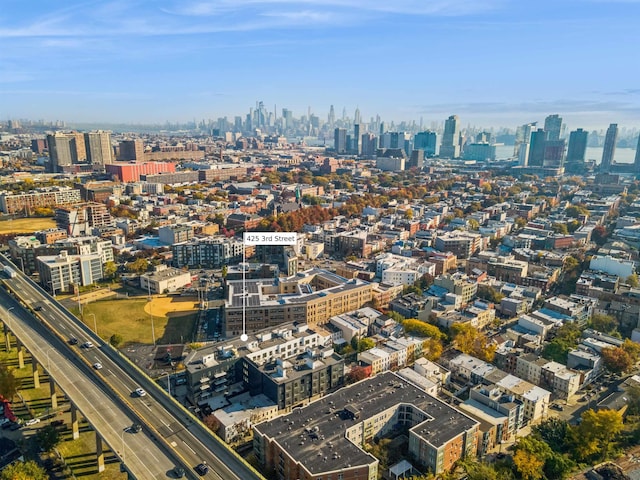drone / aerial view with a city view