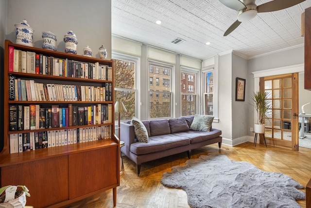 138 Kensington Ave Unit 3-A, Jersey City, NJ 07304 - living area with a ceiling fan, plenty of natural light, ornamental molding, and recessed lighting