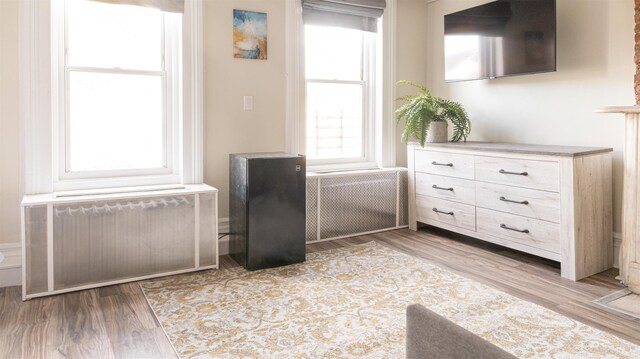 interior space featuring light wood finished floors and radiator heating unit
