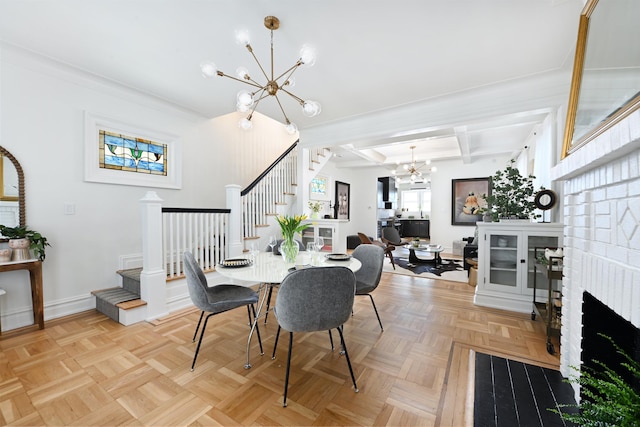 372 Webster Ave, Jersey City, NJ 07307 - dining area with a chandelier, stairway, coffered ceiling, a brick fireplace, and beam ceiling
