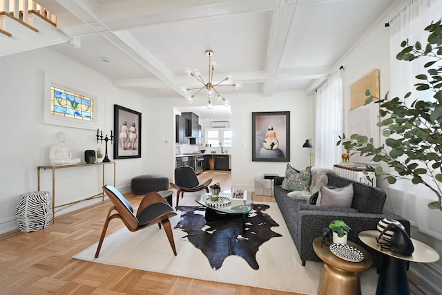 372 Webster Ave, Jersey City, NJ 07307 - living area with a chandelier, coffered ceiling, and beamed ceiling