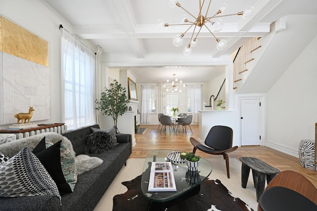 372 Webster Ave, Jersey City, NJ 07307 - living area with a chandelier, healthy amount of natural light, ornamental molding, stairs, and beamed ceiling