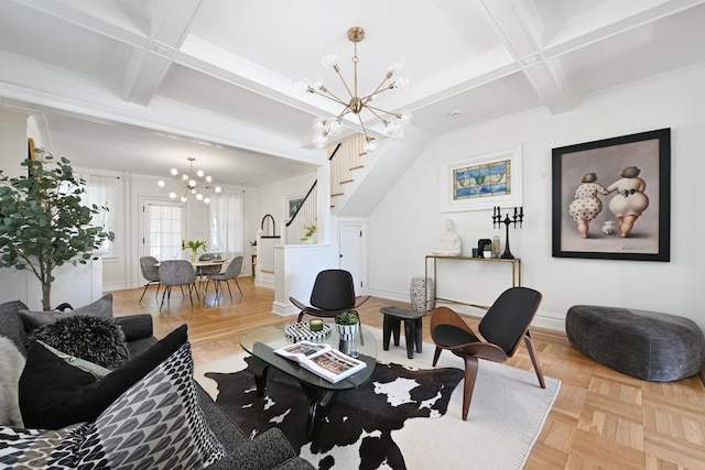 372 Webster Ave, Jersey City, NJ 07307 - living area featuring a chandelier, coffered ceiling, stairs, and beam ceiling
