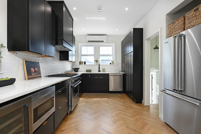 372 Webster Ave, Jersey City, NJ 07307 - kitchen with high quality appliances, dark cabinets, a wall unit AC, light countertops, and beverage cooler