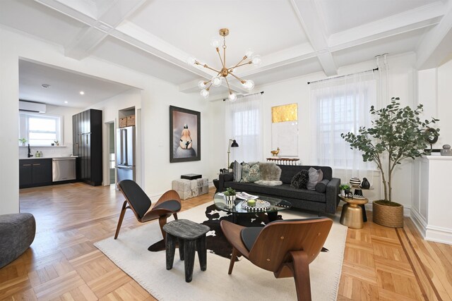 372 Webster Ave, Jersey City, NJ 07307 - living room with coffered ceiling, a wall unit AC, a chandelier, beamed ceiling, and recessed lighting