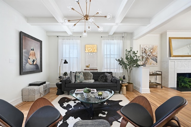 372 Webster Ave, Jersey City, NJ 07307 - living area featuring a chandelier, beam ceiling, coffered ceiling, and a fireplace