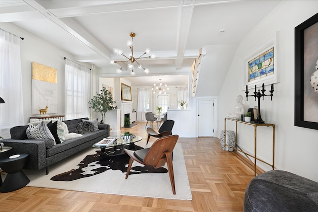372 Webster Ave, Jersey City, NJ 07307 - living room with a chandelier, coffered ceiling, and beamed ceiling