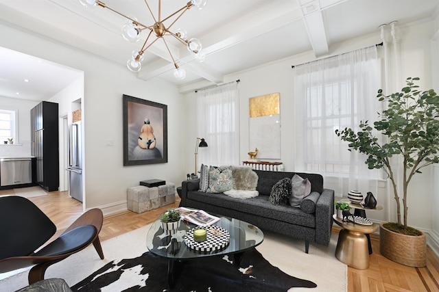372 Webster Ave, Jersey City, NJ 07307 - living area with beamed ceiling and a chandelier