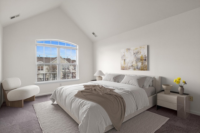 bedroom with high vaulted ceiling, baseboards, carpet flooring, and visible vents