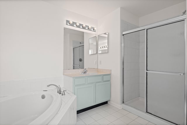 full bath featuring a shower stall, a bath, tile patterned flooring, and vanity