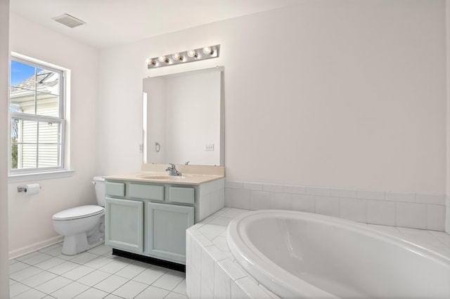 full bath with tile patterned flooring, visible vents, toilet, vanity, and a bath