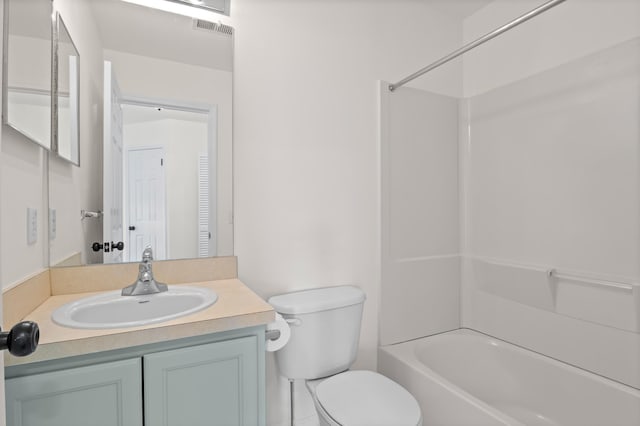 bathroom with shower / bath combination, visible vents, vanity, and toilet