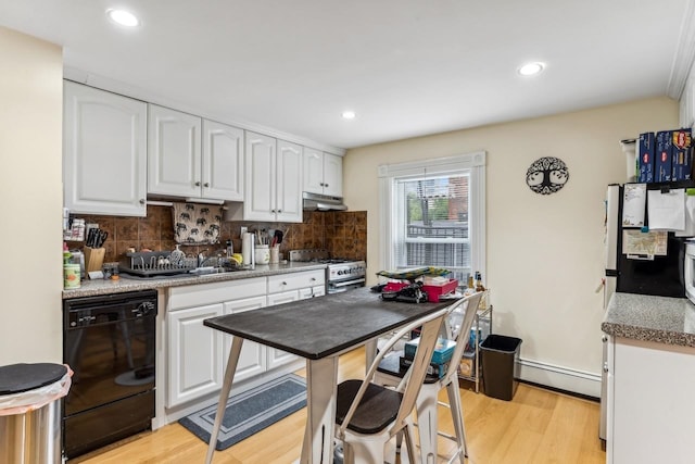 kitchen with stainless steel range, light hardwood / wood-style flooring, a baseboard heating unit, white cabinets, and dishwasher