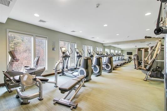 workout area with carpet floors, visible vents, and recessed lighting