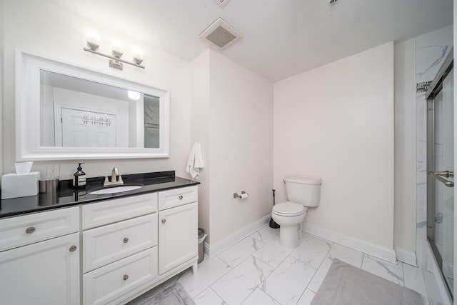 full bath featuring visible vents, toilet, marble finish floor, walk in shower, and baseboards