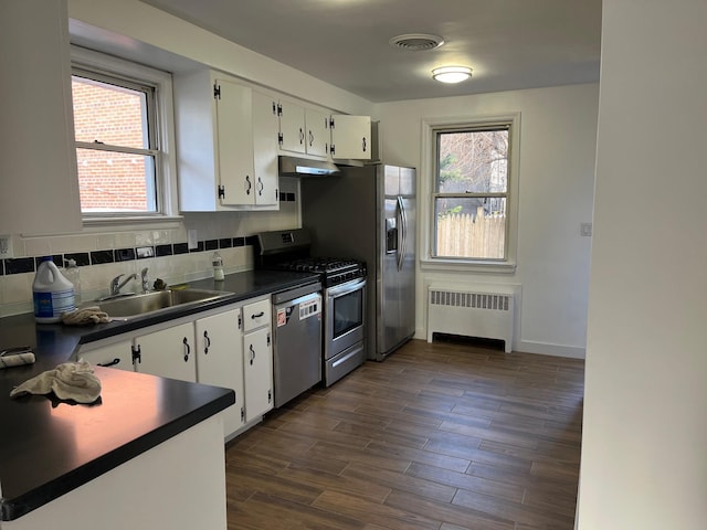 kitchen featuring appliances with stainless steel finishes, radiator heating unit, sink, white cabinets, and decorative backsplash