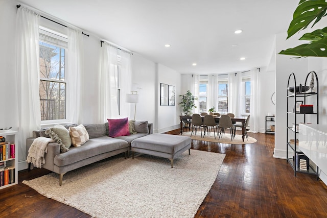 living room featuring baseboards, wood-type flooring, a wealth of natural light, and recessed lighting