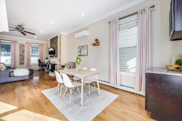 dining area featuring a baseboard radiator, light hardwood / wood-style flooring, ceiling fan, a wall mounted air conditioner, and ornamental molding