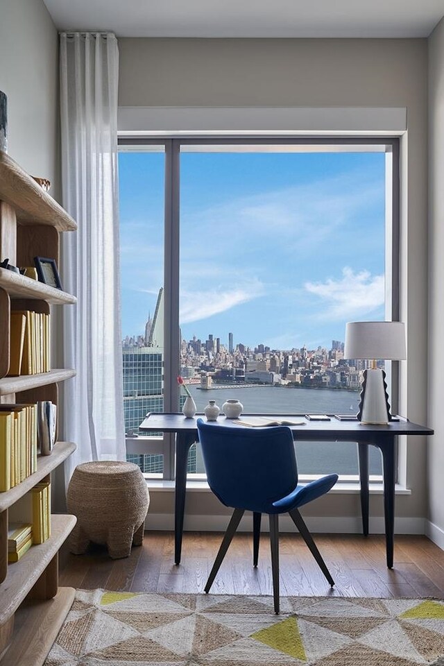 office area with a water view and light hardwood / wood-style flooring