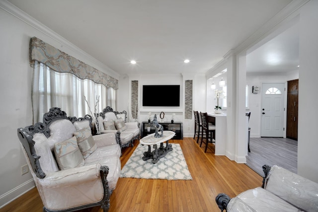 131 Iozia Ter, Elmwood Park, NJ 07407 - living room featuring baseboards, a glass covered fireplace, recessed lighting, wood finished floors, and crown molding