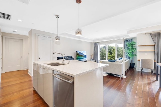 150 Henley Pl Unit 202, Weehawken, NJ 07086 - kitchen featuring dishwasher, light wood finished floors, pendant lighting, a kitchen island with sink, and recessed lighting
