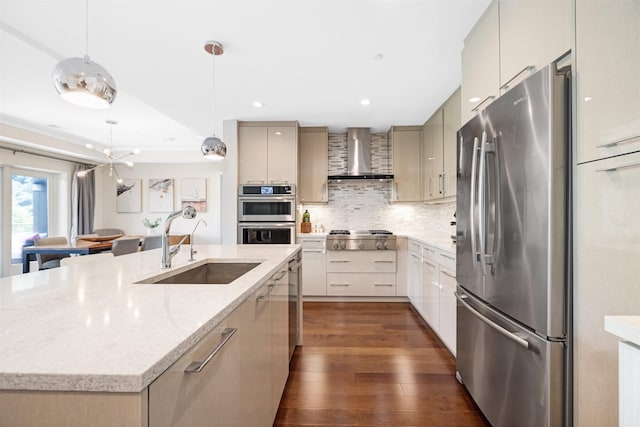 150 Henley Pl Unit 202, Weehawken, NJ 07086 - kitchen featuring stainless steel appliances, wall chimney exhaust hood, modern cabinets, tasteful backsplash, and dark wood finished floors