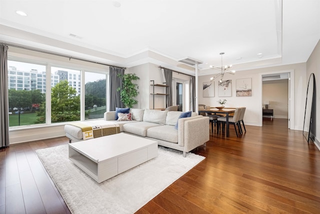 150 Henley Pl Unit 202, Weehawken, NJ 07086 - living area featuring a chandelier, hardwood / wood-style flooring, a tray ceiling, recessed lighting, and crown molding