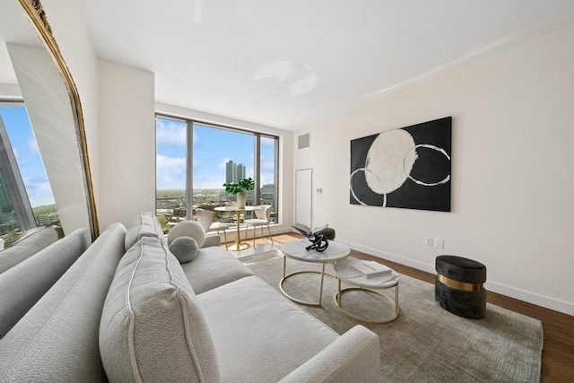 living room featuring plenty of natural light, baseboards, wood finished floors, and expansive windows