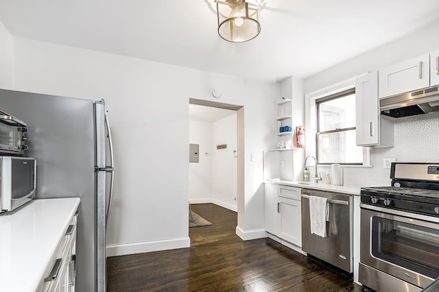 kitchen featuring white cabinets, appliances with stainless steel finishes, backsplash, and dark wood-type flooring