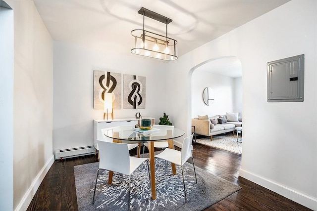 dining room featuring dark hardwood / wood-style flooring, electric panel, and a baseboard heating unit