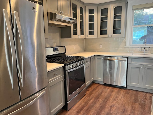 kitchen featuring appliances with stainless steel finishes, dark wood-type flooring, gray cabinetry, and sink