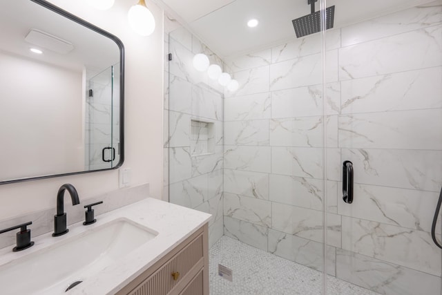224 Park Ave Unit 1, Hoboken, NJ 07030 - full bath with a marble finish shower, vanity, and recessed lighting