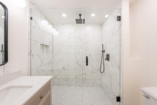224 Park Ave Unit 1, Hoboken, NJ 07030 - bathroom with recessed lighting, a marble finish shower, and vanity